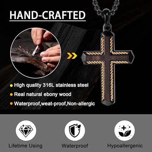 Wooden Cross Necklace for Men With Stainless steel And Black Ebony Adjustable Box Chain 24–26 inches Suitable for Everyday Wear And Christian Gifts for Men - color: Black-J