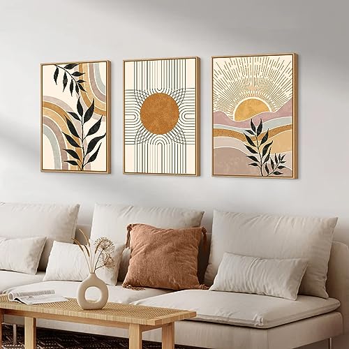 HPINUB Boho Framed Canvas Wall Art Prints, Set of 3 Mid Century Modern Wall Decor, Nature Plants Desert Sun Art Paintings, Bohemian Artwork for Living Room, Bedroom, Dining Room, Office - 16"x24"x3 - color: Nature Boho Wall Art, size: 16"L x 24"W