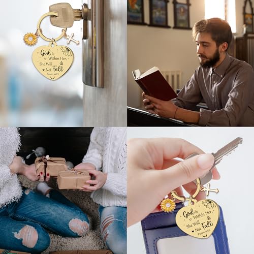 Sunflower Christian Gifts Keychain for Women, Inspirational Bible Verse Keyring, Religious Faith Gift for Birthday Christmas - color: Gold