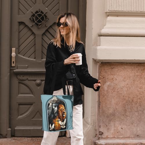 Christian Tote Bags for Women Bible Bags for Women Religious Gifts Bible Church Bag Reusable Grocery Shopping Bag - color: Jesus and the Lion