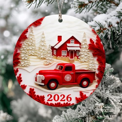 Red Truck Christmas Ornaments, Christmas Ornaments 2026, Vintage Farmhouse Holiday Decoration, Rustic Red Pickup Scene, Cozy Winter Keepsake, Classic Festive Gift for Tree Display - color: Red Car