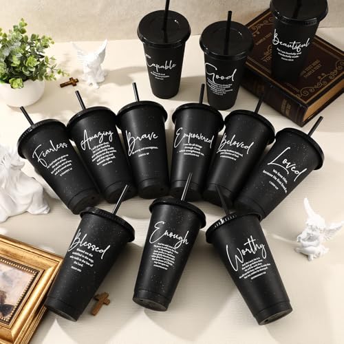 Engrowtic 12 Set Christian Tumblers with Lid Straw 24 oz, Black - color: Black