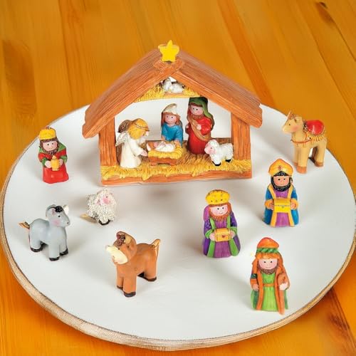 Fun Express Mini Christmas Nativity Set Stable with Jesus Mary Joseph Wisemen - 9 Pieces Red, Blue, Green, Beige, Brown