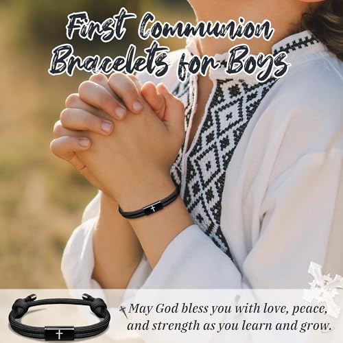 PEALICIOUS First Communion Gifts for Girls Boys, Cute Cross Bracelet as 1st Communion Favors Holy Religious Jewelry Christian Catholic Gifts for Son Daughter Niece, Easter Basket Stuffers for Teen - style: Boys First Communion