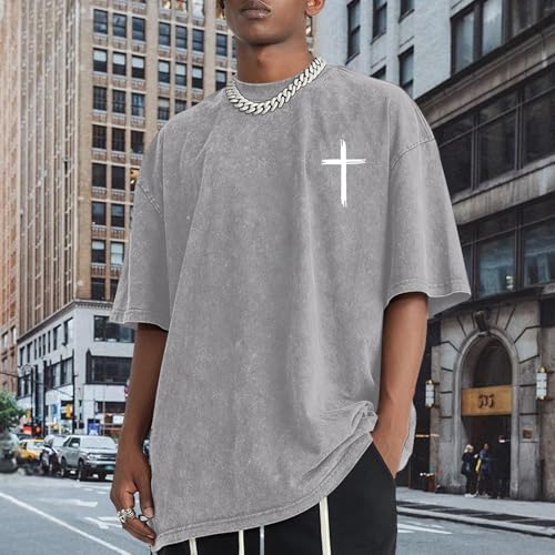 Christian Jesus Shirt for Men Religious Bible Verses Shirts Oversized Graphic Tees Vintage Acid Wash Tshirt God Tops - color: Light Gray, size: XX-Large