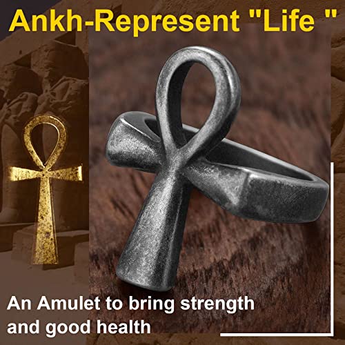 ChainsProMax Can Engrave Men Ancient Egyptian Eye of Ra Ankh Cross Ring, Size #7-#14, Stainless Steel/Gold Plated/Black (Send Gift Box) - color: Engrave-ankh cross-grey