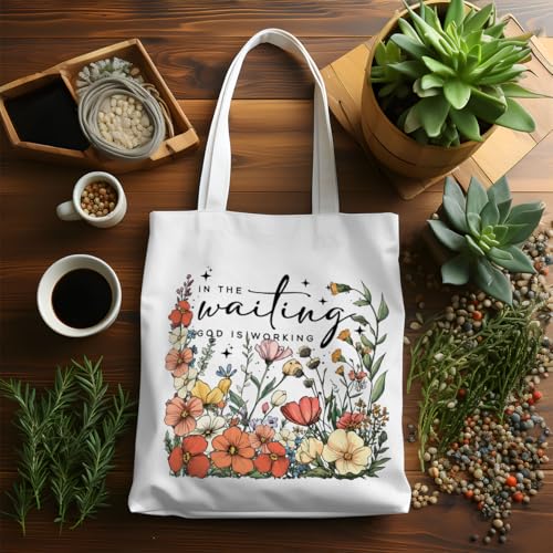 VICBOU Bible Verse Canvas Tote Bag Religious Christian Gifts for Women Men Faith Canvas Tote Reusable Grocery Bag - color: Waitinggod