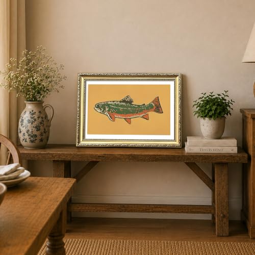 Vintage Gold Framed Trout Canvas Wall Art, Kitchen Fish Wall Decor Oil Painting, Farmhouse Decor Artwork Print Picture Poster, for Living Room Bedroom Dining Room 16x24 Inch - color: B-Fish, size: 24"L x 16"W