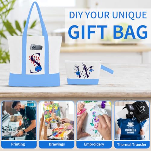 2-Pack Canvas Tote Bags and Makeup Bags, Cotton Zipper Bag, Sky Blue - color: Sky Blue/White