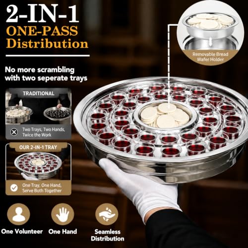 Holy Communion Tray with Lid, 2-in-1 Communion Cup Tray w/Central Removable Bread Wafer Holder, 32 Cup Stainless Steel Communion Set for Church Includes 100 Disposable Cups & Filling Bottle