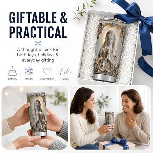 Virgin Mary Ornate Jewel Art 20oz Tumbler, Virgin Mary Tumbler for Daily Drinkware, White Gold Prayer Statue Illustration, Catholic Devotional Cup, Religious Design for Women Men - color: Virgin Mary 2
