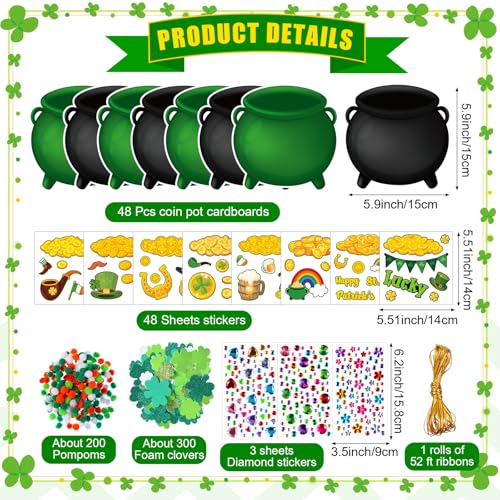 Funrous 48 Sets Crafts Kit Paper Crafts DIY Make Your Own Hanging Ornaments with Pompoms Diamond Stickers for Holiday Classroom Activities Party Favors, St. Patrick's Jar - style: St. Patrick's Jar