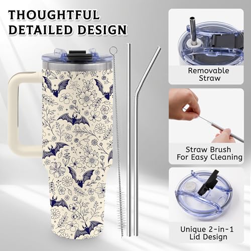40 Oz Halloween Tumbler, Beige Bat Goth Water Bottle with Handle & Straw - color: Beigebat-Wite