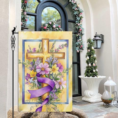 He is Risen Cross Garden Flag Spring Easter Floral Flowers Garden Flag Vertical Double Sided Rustic Farmland Burlap Yard Lawn Outdoor Decor 12.5x18" - color: He is Risen Cross #WQ446