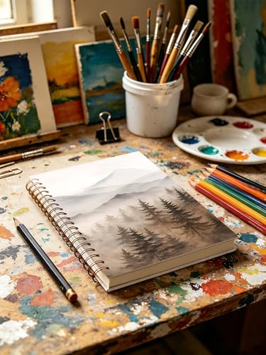 Mountain Forest Notebook, Nature Lover Gifts Journal for Women, Neutral Misty Forest Landscape Aesthetic Hardcover Notebook Journal for Work Study 5.5x8.3 in - color: Mountain Forest