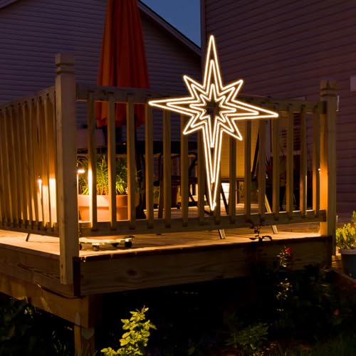 Large 52" Twinkle Bethlehem Star Neon Motif Pre-lit Super-Bright LED Outdoor Christmas Decoration with 11 Functions and Timer Waterproof for Outdoor Home Party Wall(Warm White) - size: Large 52" Warm white