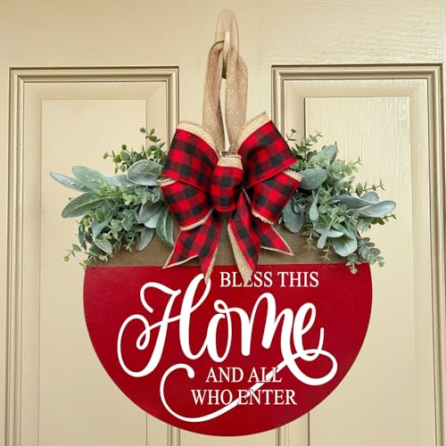 Bless This Home Welcome Sign for Front Door, Rustic Wood Wall Decor Porch Wreaths Hanging Door Decorations for Home Outdoor for Spring Summer Fall All Seasons Holiday - color: Red-14 Inch