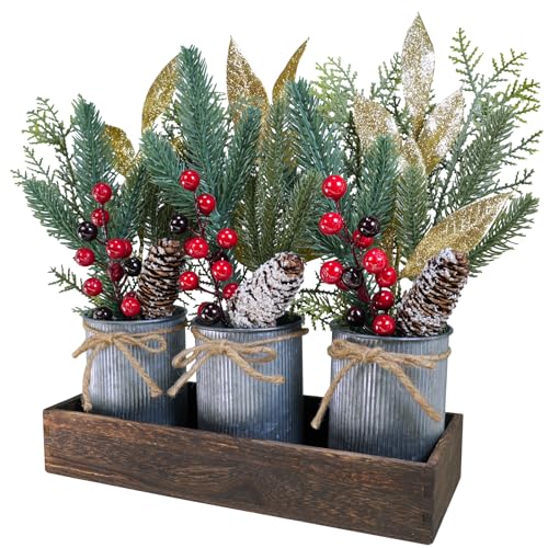 Winlyn Christmas Floral Arrangement Farmhouse Centerpiece Faux Pine Branches Pinecone Red Berry Stems Glitter Leaves Christmas Picks in Galvanized Pots with Wood Box for Holiday Table Décor