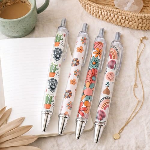 8PC Boho Pens Bohemian Rainbow Hippie Daisy Floral Cactus Highland Country Cow Western Black Pen Office School Supplies Accessories Summer Party Favors Stationery Gift Set For Women Friends Coworkers - style: Bohemian