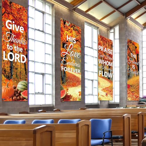 4Pcs Church Banners for Sanctuary Wall Welcome Inspirational Religious Banners Hanging Backdrop Fall Thanksgiving Maple Leaves Trees Church Banner Scripture Bible Verse Banner for Holiday School Decor - style: Red Leaves Fruit