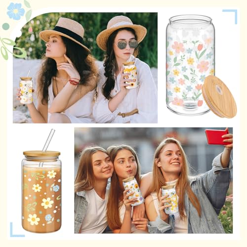 Mumufy 4 Pack Pastel Flower Glass Cup, 16 oz Tumbler Mug with Bamboo Lid - style: Pastel Flower