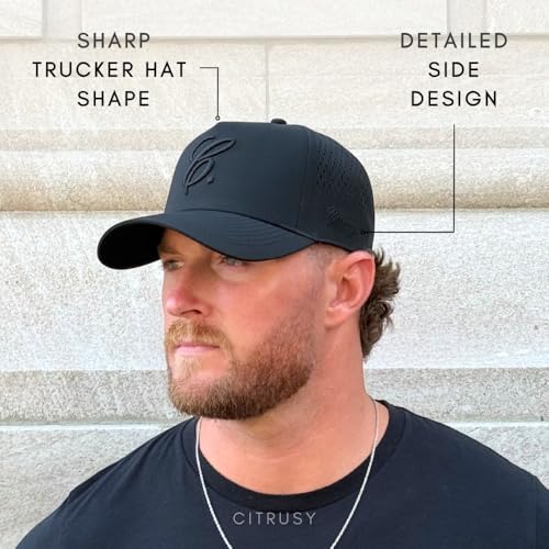 CITRUSY Athletic Trucker Golf Hat | Performance Mens 5 Panel Cap | Cool Breathable Waterproof Workout Running Snapback - color: Signature C. | Black