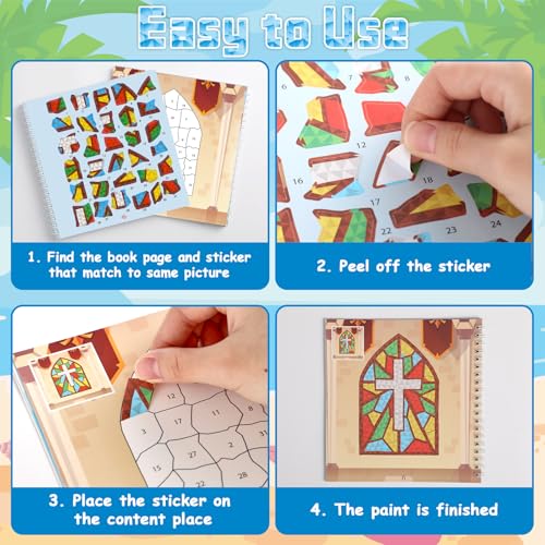 4PCS Bible Sticker Books Paint by Number Activity Book Bulk Christian Religious Sunday Crafts Nativity Puzzle Gift Church Set for Easter Christmas Party Favor with Jesus Cross 32 Pictures - style: Bible