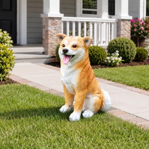 Realistic Shiba Inu Dog Garden Statue, Finely Sculpted Lifelike Tan and White Sitting Dog Figurine, Weather-Resistant Outdoor Sculpture for Yard, Lawn and Pet Memorial Gift - color: Shiba Inu Happy Sitting