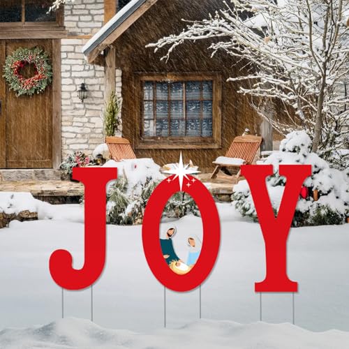 Festive Outdoor Christmas Decorations - Joyful Nativity Scene Lawn Decor for Christmas Pathway and Yard with Stakes, Red and White