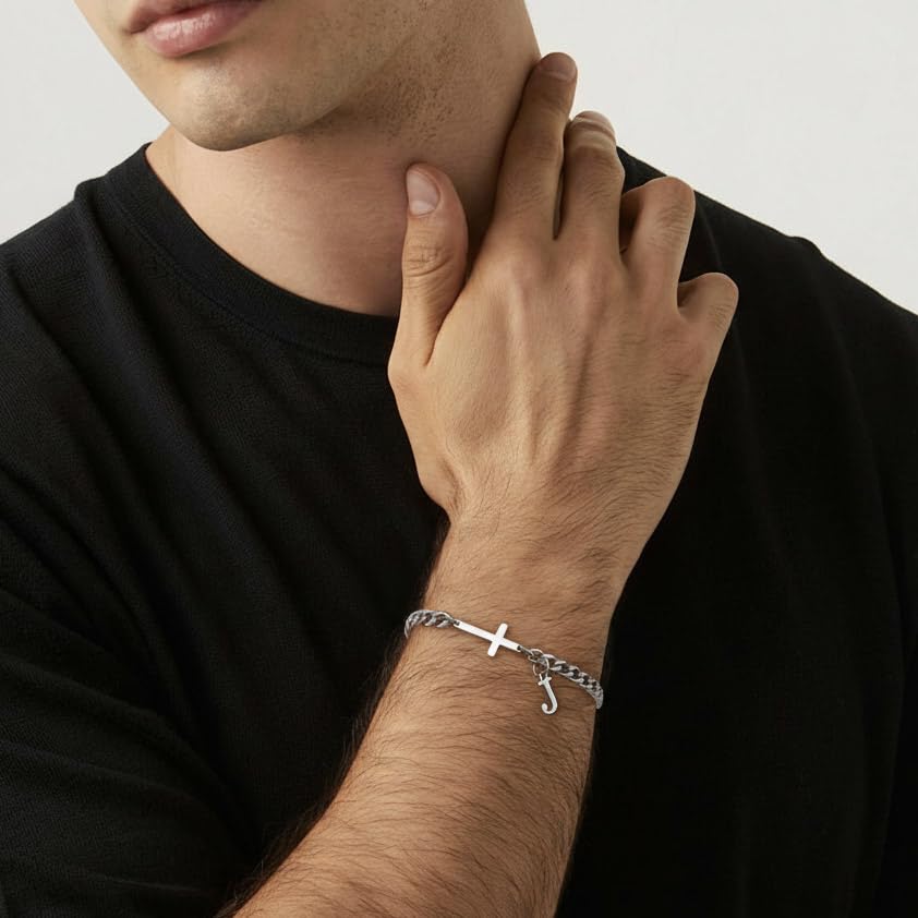 Cross Bracelets for Men Initial A - Z Faith Cross Bracelets Gifts - color: Silver G