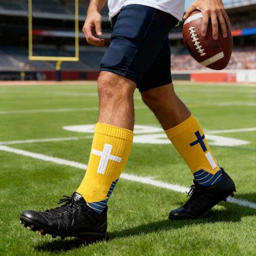 3 Pair Christian Cross Grip Soccer Socks - Moisture-Wicking Anti-Slip Grips Sports Sock with Bible for US 6-13 - color: Yellow