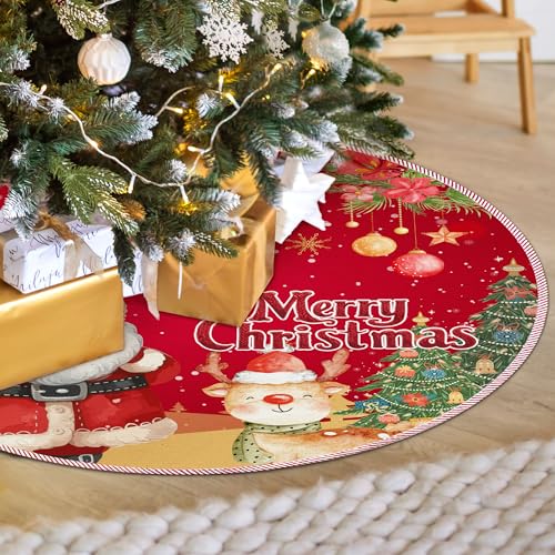 Red Santa Reindeer Christmas Tree Skirt, Winter Merry Christmas Tree Skirt, Xmas Red and Green Christmas Tree Mat Ornaments for Winter New Year Home Party Holiday Indoor Outdoor Decor, 36 Inch - color: Santa