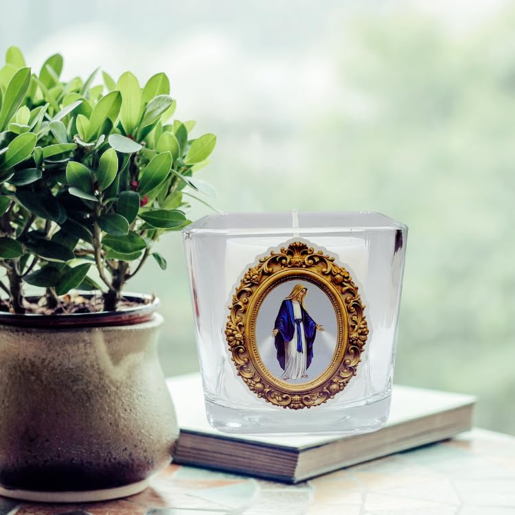 Our Lady of Grace Prayer Candle Holder, Saint Mary, Mother of Grace, Virgin Mary, Madonna, Catholic Gift, Home Decor, Marian, Vigil Candle, Bowed Head (Our Lady of Grace Square Fresh Linen Candle) - size: Our Lady of Grace Square Fresh Linen Candle