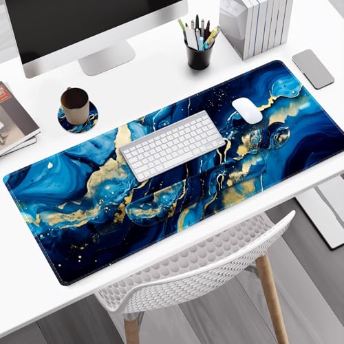 Desk Mat Pad, Gaming Mouse Pad Wrist Support Set, 4 in1 Non-Slip XXL Large Mousepad + Ergonomic Keyboard Wrist Rest+Mouse Wrist Rest+Coaster for Home Office Computer I Blue Gold Marble - color: Blue Gold Marble