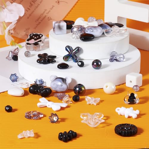 FASHEWELRY 1 Bag Cute Acrylic Beads Bulk Assorted Black Acrylic Beads Kawaii Aesthetic Bead Heart Bow Bear Bead Gothic Clear Pony Beading for Bracelets Necklace Making - color: Black Bowknot Theme