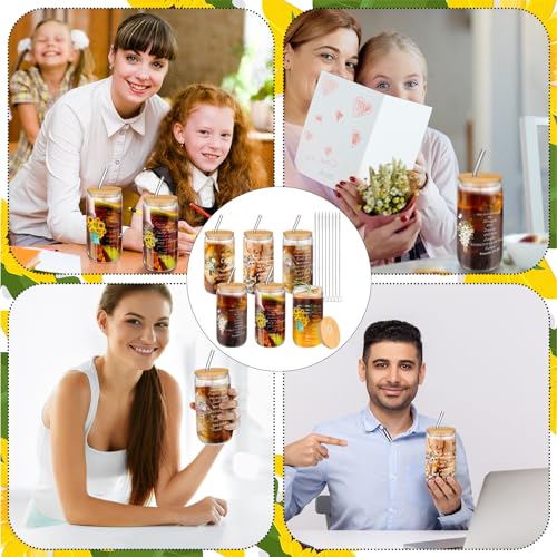 Maxcheck 6 Set Christian Gift Faith Floral Glass Cups with Lids and Straws - style: Floral