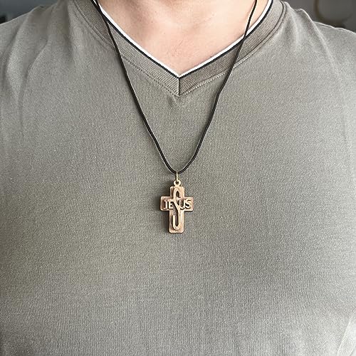 Wooden Cross Necklace, Olive Wood Cross Necklace Hand Carved in the Holy Land with Jesus Name Carved in the Middle, Wooden Cross Necklace for Men, Religious Jewelry for Women Catholic
