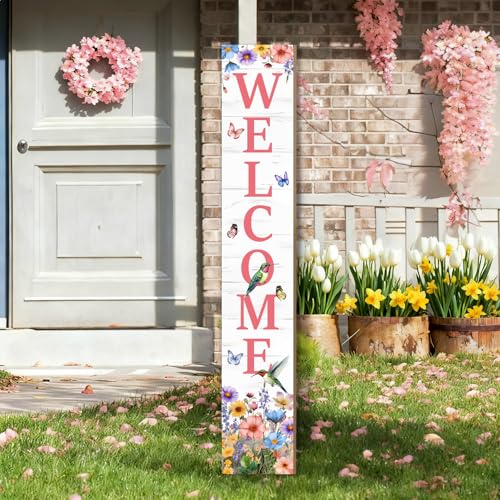 Hummingbird Welcome Sign for Front Door, Fall Porch Sign Tulip Flowers Outdoor Yard Sign Seasonal Tall Floral Welcome Porch Sign Wildflowers Wood Door Sign for Garden Patio Wall Home Decor - color: Spring Hummingbird Flowers
