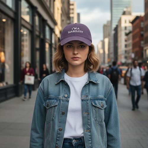 Funny Vintage Baseball Cap, Adjustable Cotton Embroidered Hat for Men Women, Retro Humor Gift Trucker Caps - color: I'm a Liability - Purple