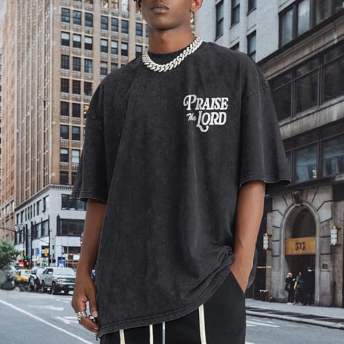 Christian Jesus Shirts for Men Religious Praise The Lord Bible Verse Shirt Oversized Graphic Tees Acid Wash Tshirt - color: Black, size: Large