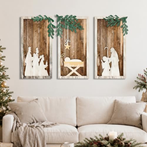 Soaoo Set of 3 Christmas Nativity Scene Wood Wall Decor,Classic Color
