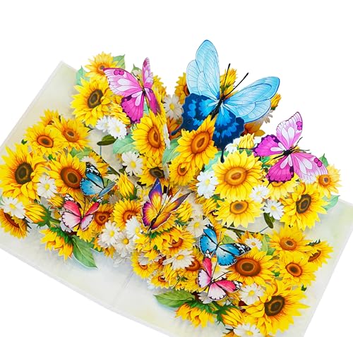 Sunflowers with Butterflies 3D Get Well Soon Card, Sympathy Cards, Thinking of You Pop Up, Mothers Day Card, 6x8in 3D Birthday Cards for Women for Wife, Her, Sister, Grandma (PQ Sunflowers w Butterflies) - color: Sunflowers w Butterflies