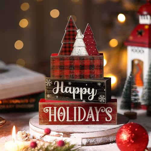 Moucuny 4 Pcs Wooden Block Signs Buffalo Plaid Holiday Farmhouse Decor - style: Buffalo Plaid