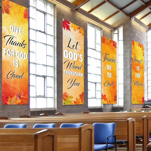 4Pcs Church Banners for Sanctuary Wall Welcome Inspirational Religious Banners Hanging Backdrop Fall Thanksgiving Maple Leaves Church Banner with Scripture Bible Verses Banner for Holiday School Decor - style: Orange Red Leaves