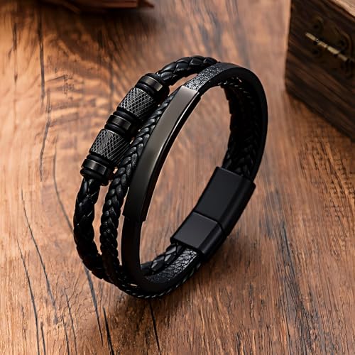Kim Carrey Italian Handmade Leather Bracelets for Men - color: Pure Black, size: 8.2"