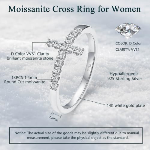 WES Moissanite Cross Ring for Women - Hypoallergenic 925 Sterling Silver 14K White Gold Plated Dainty Stackable Wedding Band Eternity Ring, Size 4-11
