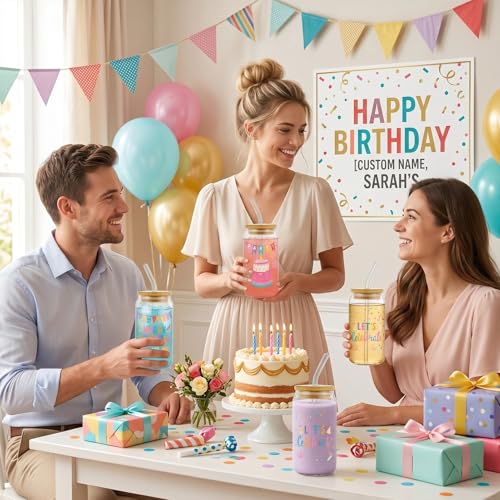 Glass Cups with Lids and Straws, 4Pack, 16oz, Birthday Party - color: Happy Birthday