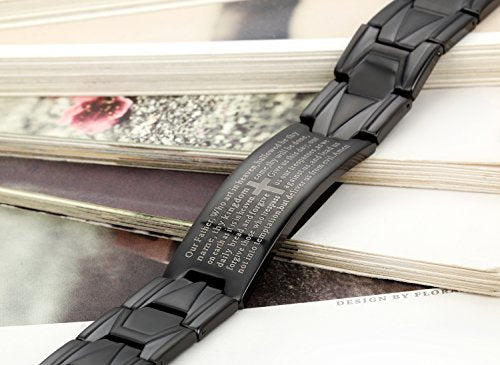 Flongo Men's Vintage Stainless Steel Black Cross English Bible Lords Prayer Link Wrist Bracelet For Men Christmas Gifts - color: black,8.3inches
