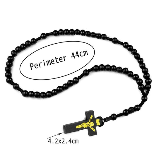 COLORFUL BLING Classic Natural Wood Beads Cross Pendant Necklace for Men Women Religious Rosary Jewelry Handmade Prayer Accessories - color: S4 heart black