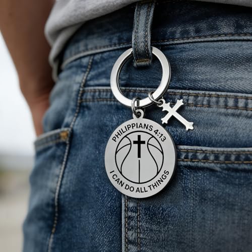 OFlyDesigns Christian Football Sports Keychain, Philippians 4:13 Engraved Inspirational Gift for Men Women Teens - style: Basketball